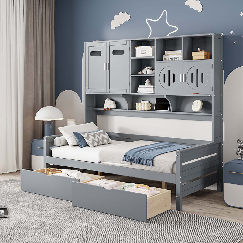 Lit de jour en bois avec tiroirs, armoire et tablette tout-en-un, Lit simple, Gris