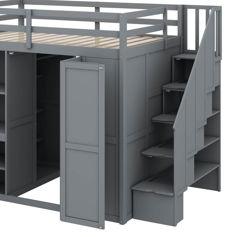 Lit superposé double avec armoire intégrée, bureau et système d'étagères, gris