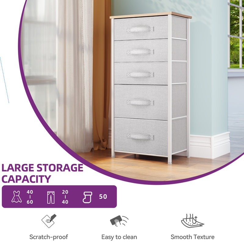 Klothildis 17.7"W 5 Drawer Vertical Dresser, Kid Dresser, Chest with Wood Grain, Gray/Natural