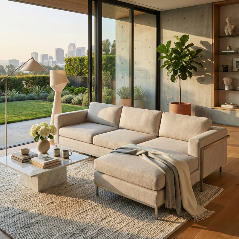 Davian Upholstered L-Shaped Sectional Reversible, Off White Wool Blend