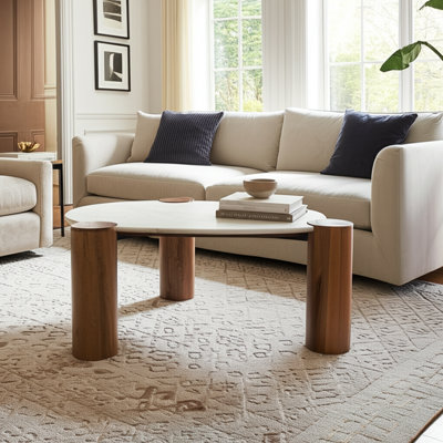 Coffee Table Marble and Wood Kidney-Shaped Top and Cylindrical Legs Wide Finish for Living Room or Office Use - 18" Brown