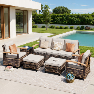  Ensemble de meubles de patio 6 pièces, ensembles de conversation de patio en osier avec 2 accoudoirs pivotants en bois, 2 repose-pieds pour terrasse et bord de piscine (beige)
