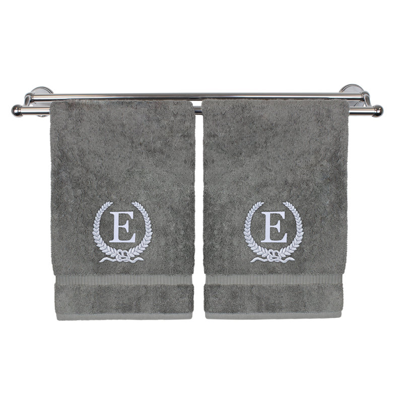 Essuie-mains monogramme - ensemble de 2 - lettre de conception de couronne, E, Gris / Argent