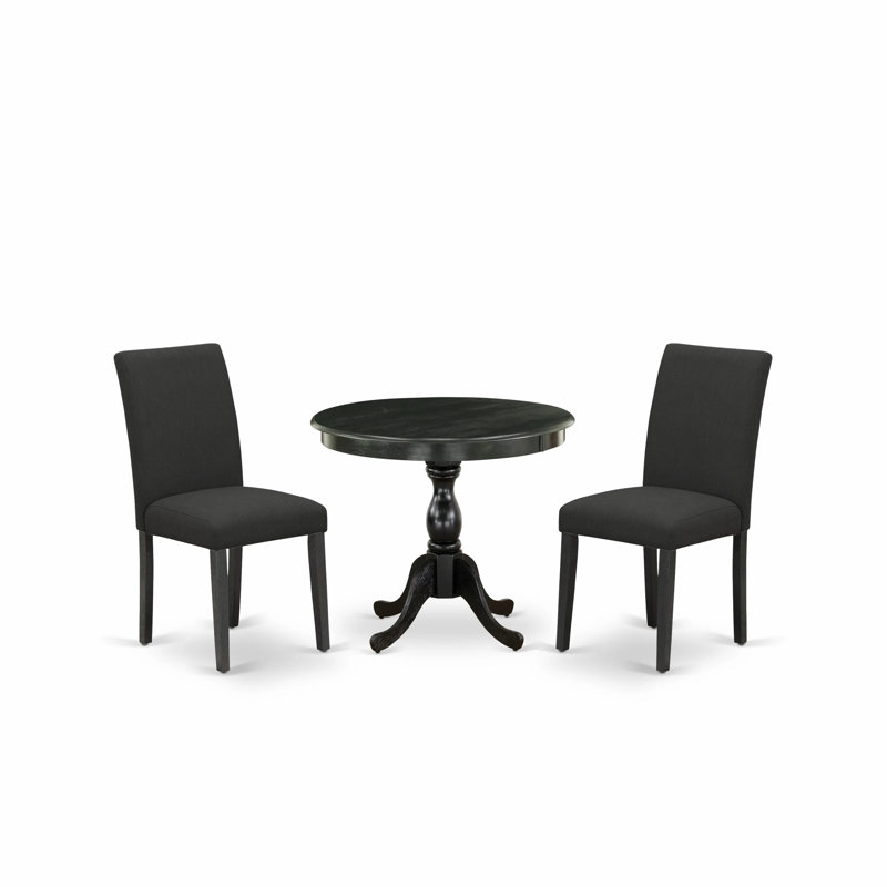3 Piece Modern Dining Table Set Contains a Round Kitchen Table with Pedestal and 2 Black Color Linen Fabric Upholstered Chairs, Wire brushed Black