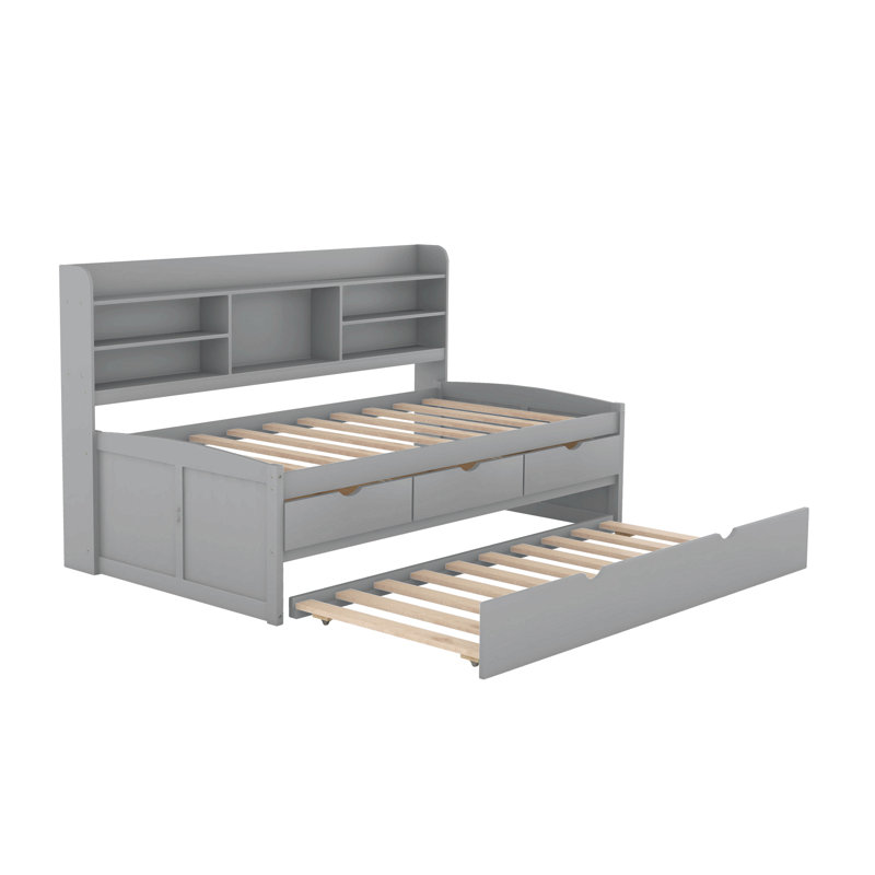 Lit capitaine simple en bois avec bibliothèque intégrée, trois tiroirs de rangement et lit gigogne, Lit simple, Gris
