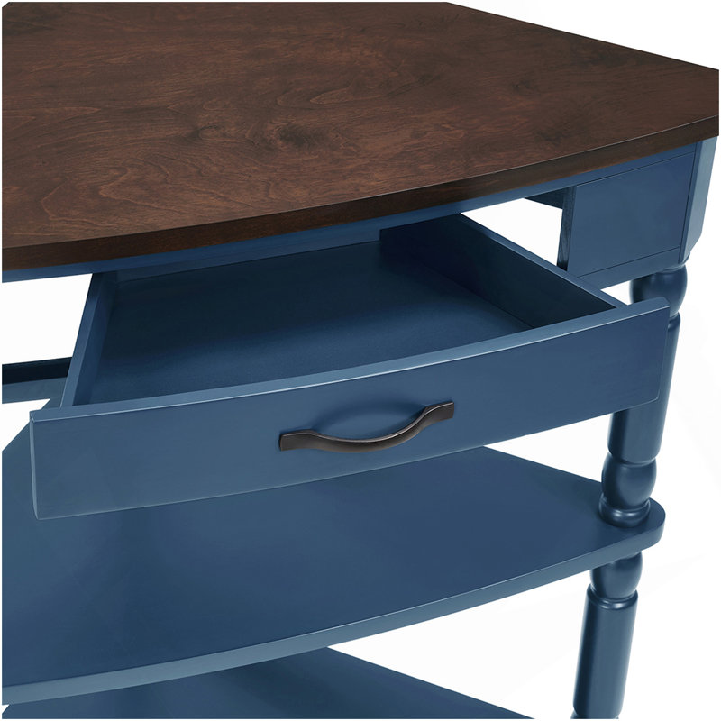 Petite table de coin triangulaire 33,8 po, table de coin en bois pour petits espaces / salon, table de bout à 3 niveaux avec pieds en bois, bleu marine et plateau espresso