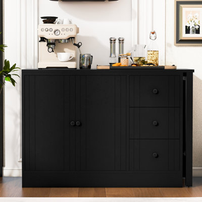 Buffet en bois avec table extensible de 89,7 po, 2 portes et 3 tiroirs pour la vie, la cuisine d’étude, la salle à manger escamotable, l’économie d’espace, la surface peinte lisse, la ligne texturée, la finition de finition,