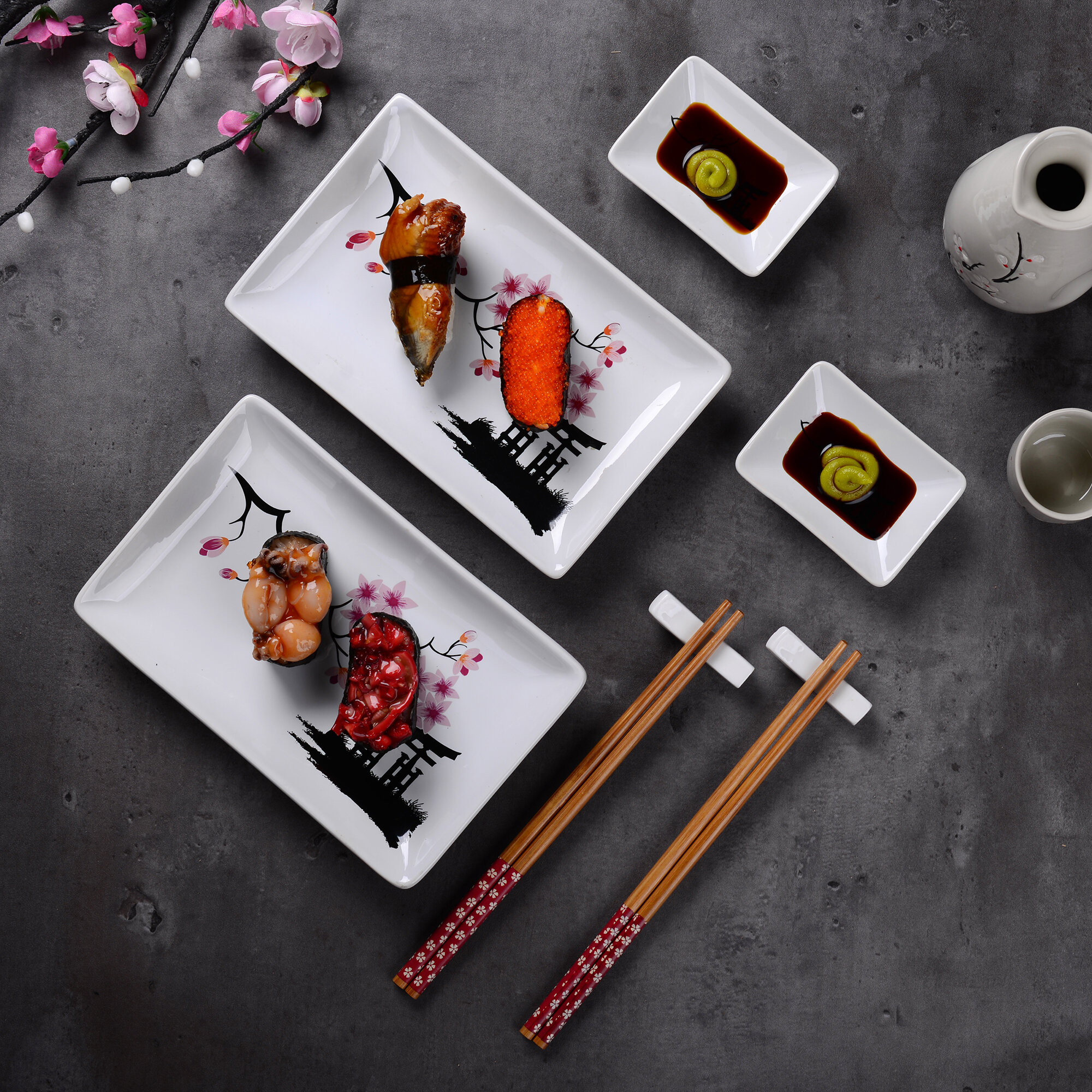 Vancasso Haruka Japanese Style Porcelain Sushi Plate Set with 2*Sushi  Plates,Dipping Dishes,2 Pairs of Bamboo Chopsticks Gift