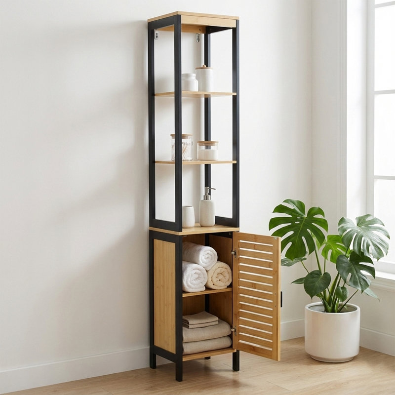 Armoire de rangement naturelle mince avec tablettes, cadre noir moderne et porte ventilée