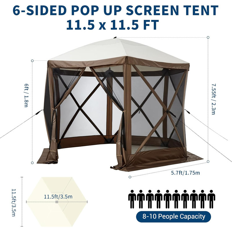 6-Sided Pop Up Gazebo Tent, Waterproof UV Protected Screen Tent, Portable Camping Canopy Sun Shelter with Carry Bag, Guy Ropes & Stakes, for Camping Outdoor Party Backyard