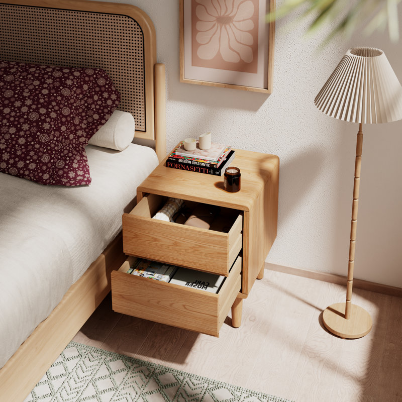  Table de chevet Mid-Century moderne en bois massif - 2 tiroirs, Tanné, H 19,7 po x l 15,7 po x P 15,7 po