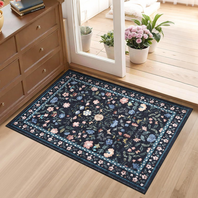 Washable Rugs Non Slip Area Rugs for Bedroom,Farmhouse Floral Carpets for Hallway,Dining Room,Bathroom,Nursery, Blue