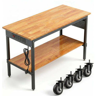 Établi à hauteur réglable, table de travail robuste de 59 pouces avec plateau en chêne massif, prise de courant intégrée, panneau perforé, tablette de rangement inférieure, roulettes verrouillables et pieds de nivellement pour atelier de garage