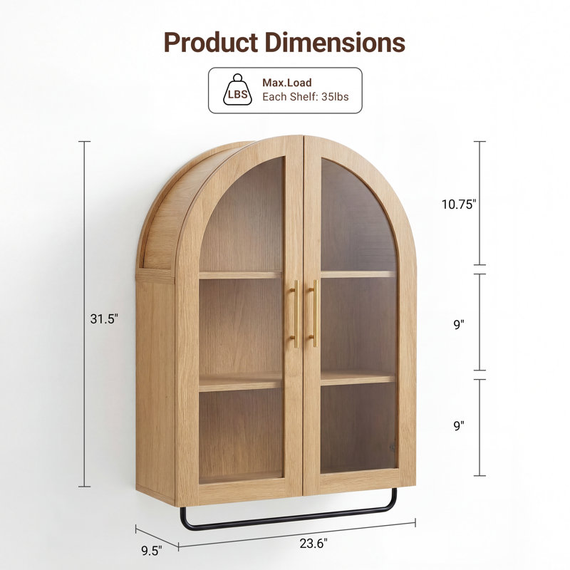 Modern Arched Wall Mounted Storage Cabinet with Glass Doors, Wooden Display Cabinet with 2 Shelves for Laundry Room,Living Room,Kitchen, 23.62" W x 9.45" D x 34.65" H