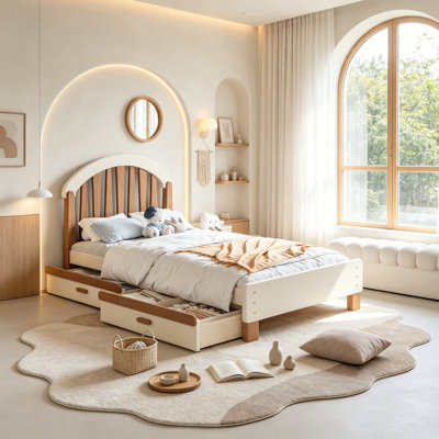 Solid Wood Platform Bed With 2 Storage Drawers for Kids, Low Bed Frame with Rounded Headboard and Footboard for Young Teens, Twin Size, Beige+Natural