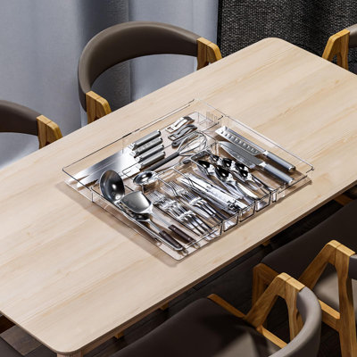 Organisateur de couverts transparent extensible pour tiroirs de cuisine, grand organisateur de couverts sans BPA dans le tiroir, organisateur de tiroir d'ustensiles en plastique convenant comme couverts, couteaux, fourchettes, cuillères, porte-couverts et plateau