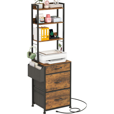 Rustic Brown 69''H Tall 3-Drawer File Cabinet - Charging Station, 4-Tier With Adjustable Shelf (Fabric Drawers, Printer Stand, Fits A4/Letter/Legal For Home Office)