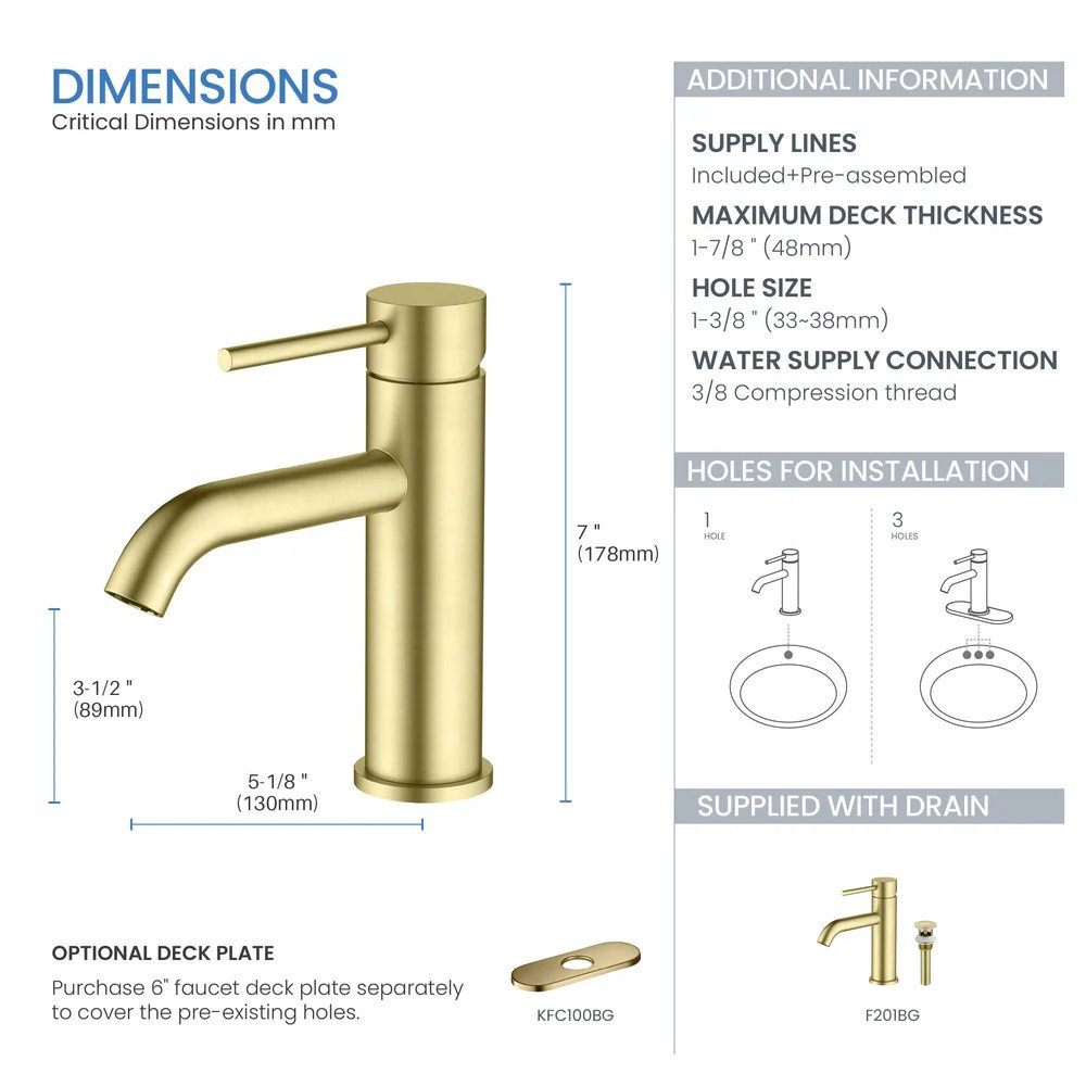 Single-Handle Bathroom Faucet with Pop-Up Drain, Brushed Gold
