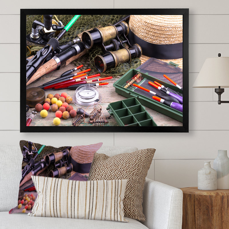 " Fishing Supplies Layout ", Black Single Picture Framed, 30" H x 40" W x 1.5" D