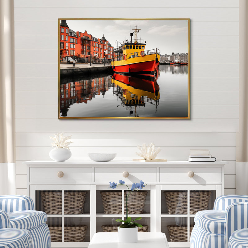 Port Quayside Contrast I sur toile, H 16 po x l 32 po, Cadre flottant doré