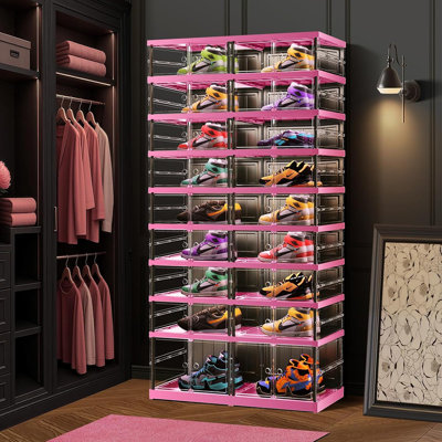 Stackable Clear Shoe Storage Boxes Organizer With Door, Plastic Shoe Cabinet Bins With Lids, 18–36 Pair Shoe Rack For Closet And Entryway, Easy Assembly Large Storage Shelf, Black And Pink