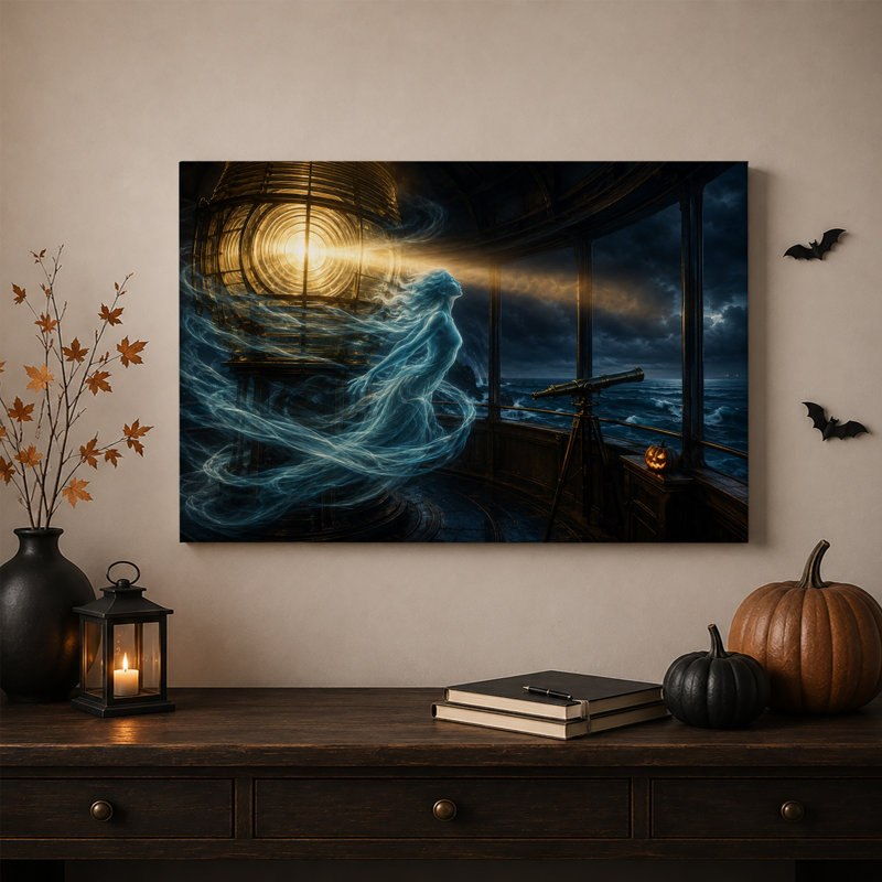 Femme bleue fantomatique à l'intérieur d'une tour de phare, toile murale d'Halloween, H 24 po x l 36 po