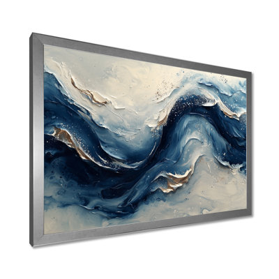 Blue And Grey Ink River Waves - Abstract Painting Wall Art