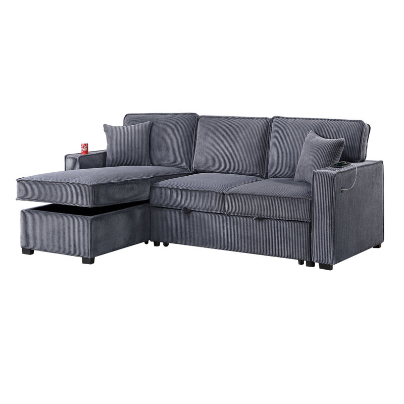 Convertible Sectional Dark Gray Color Corduroy Reversible Chaise W Storage And Sofa Pull Out Bed Pillows Living Room 2Pc Set