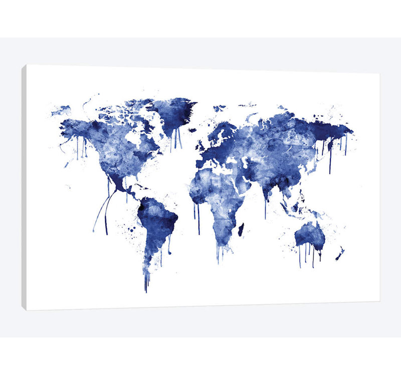 «Watercolor Map Of The World Map, Blue» par Michael Tompsett, impression sur toile, H 24 po x l 32 po x P 1 po, Blanc