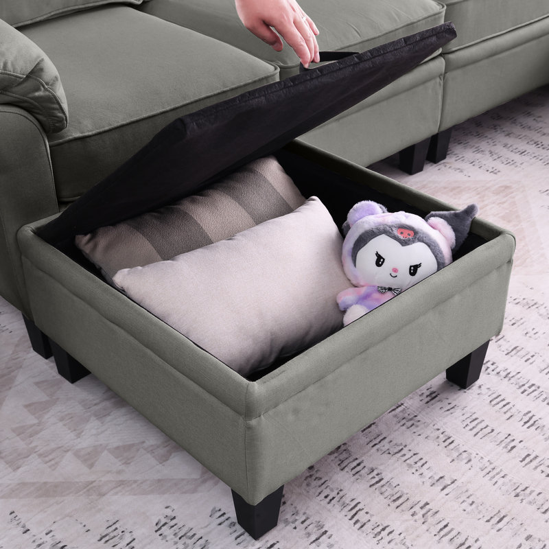 Canapé d'angle en L de 265 cm (104,41 pouces), lin gris foncé, bois brun, 6 places, rangement, rembourrage en mousse double couche, dossier divisé, style contemporain profond.
