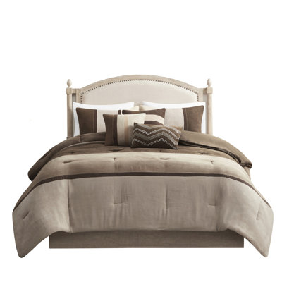 7 Piece Comforter In Brown - King Faux Suede With Charming Design For Size Bed