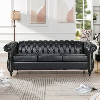 84.65" PU Rolled Arm Chesterfield Three Seater Sofa.