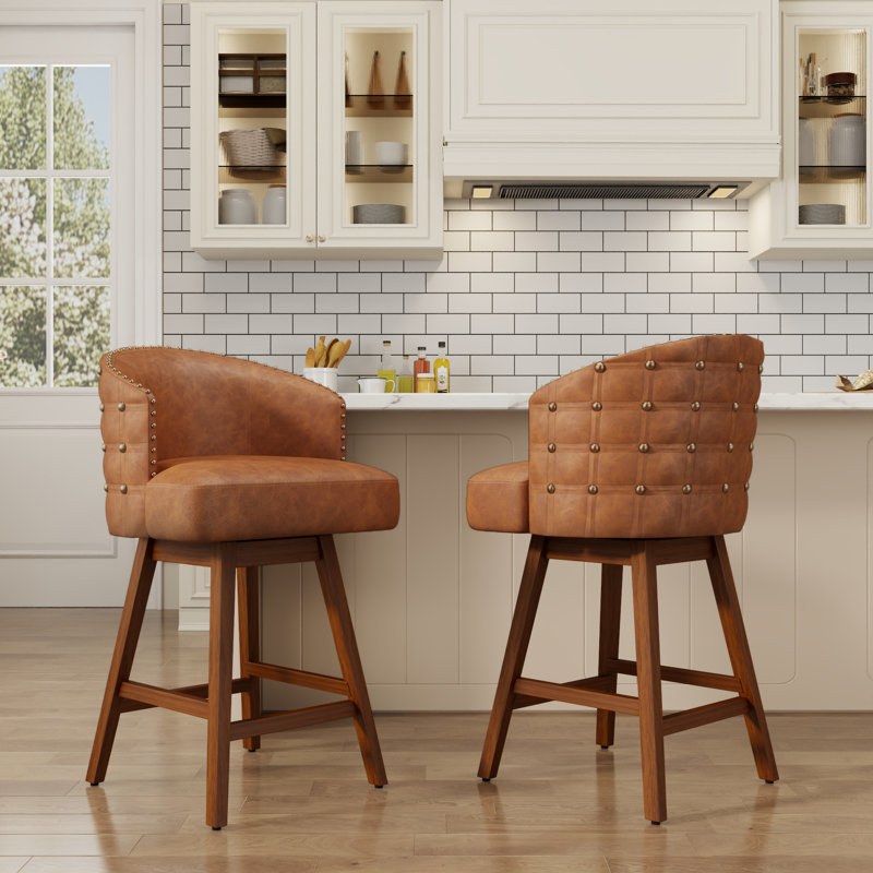 Swivel Upholstered Counter Stool With Solid Wood Frame &Nailhead Trim (Set of 2), Brown, Dark Brown