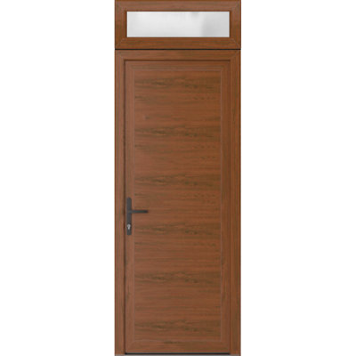 Front Exterior Prehung Metal-Plastic Door Frosted Glass | Manux 8111 Walnut | Top Sidelite Transom | Office Commercial and Residential Doors Entrance Patio Garage 36" x 94" (W36" x H80+14") Right hand Inswing