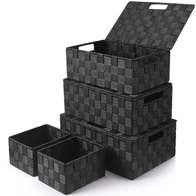 Set of 5 Decorative Woven Storage Baskets with Lids & Built-in Handles, Stackable Cube Organizer Bins for Shelves, Multipurpose Small Storage Baskets for Closet, Home & Gift Organization