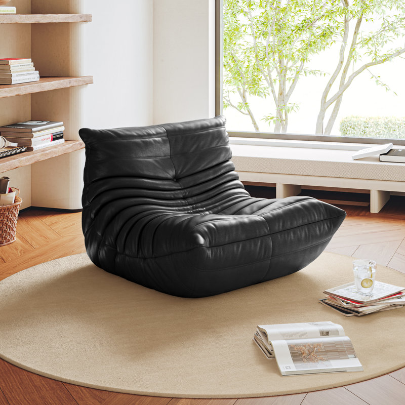 Armless Bean Bag Lounge Chair with Ergonomic Foam Support,  Modular Floor Seating, Black Faux Leather