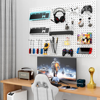 White Peg Board Kit 129, Pegboard Wall Organizer with Hooks & Bins, for Office, Ornaments Display, Crafts Organization