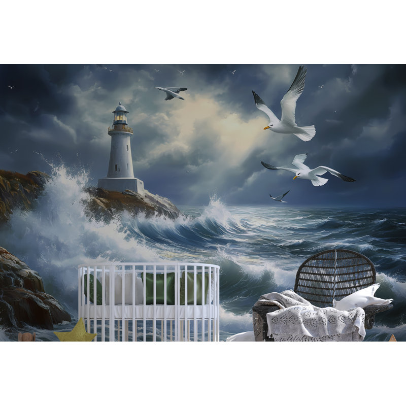 Papier peint paysage marin tempête orageuse - mur d'ondes dramatiques et tour de lumière côtière, L 120 po x l 80 po