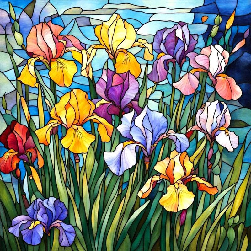 Iris Garden - Vitrail sur toile tendue, H 12 po x l 12 po