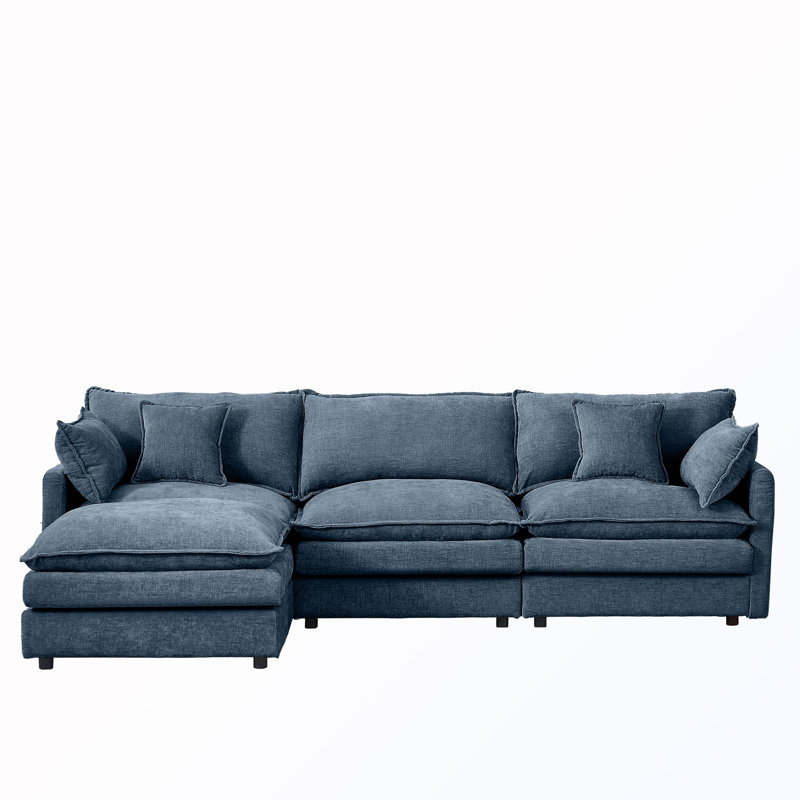 L-Shape Chenille Sectional Couches with Movable Ottoman, Blue Chenille