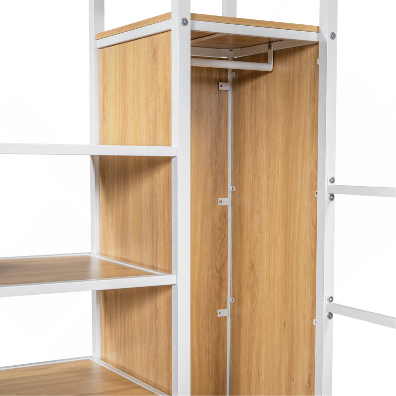 Lit mezzanine double en métal avec poste de travail intégré, garde-robe, escalier de rangement et DEL