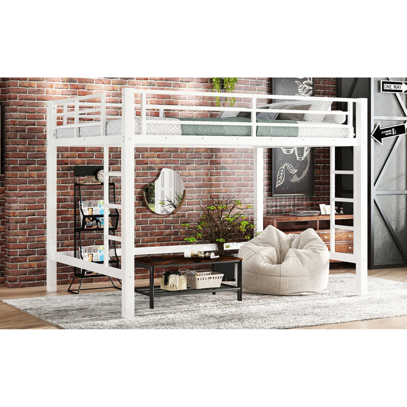 Lit mezzanine en métal blanc de taille grand avec garde-corps, échelles doubles et assemblage rapide et facile pour une chambre à coucher stable et sécuritaire