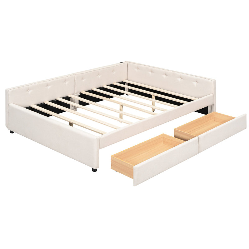 Bedroom Queen Size Upholstered Platform Bed With And 2 Drawers, Beige Drawer Components For A Neat Bedroom,, Queen