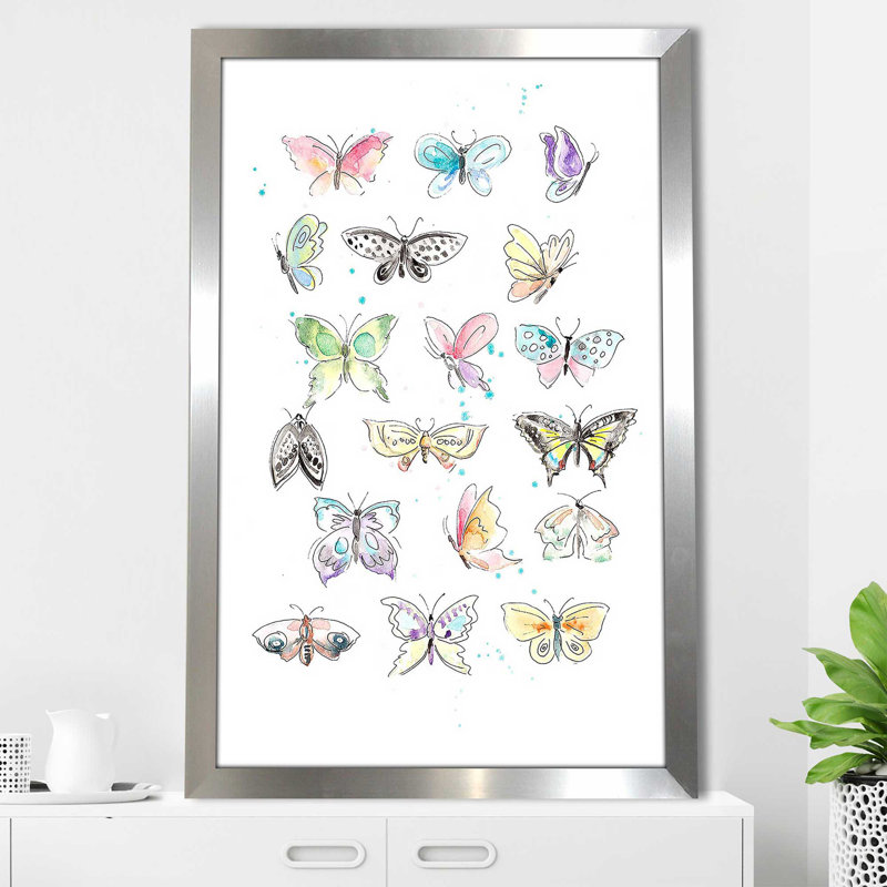 Motif de papillon par Patricia Pinto - Peinture, Encadrement argenté, H 49,5 po x l 33,5 po x P 1 po