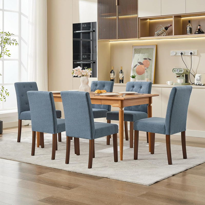 Upholstered Fabric Dining Chairs with Wood Legs & Padded Seats, Blue