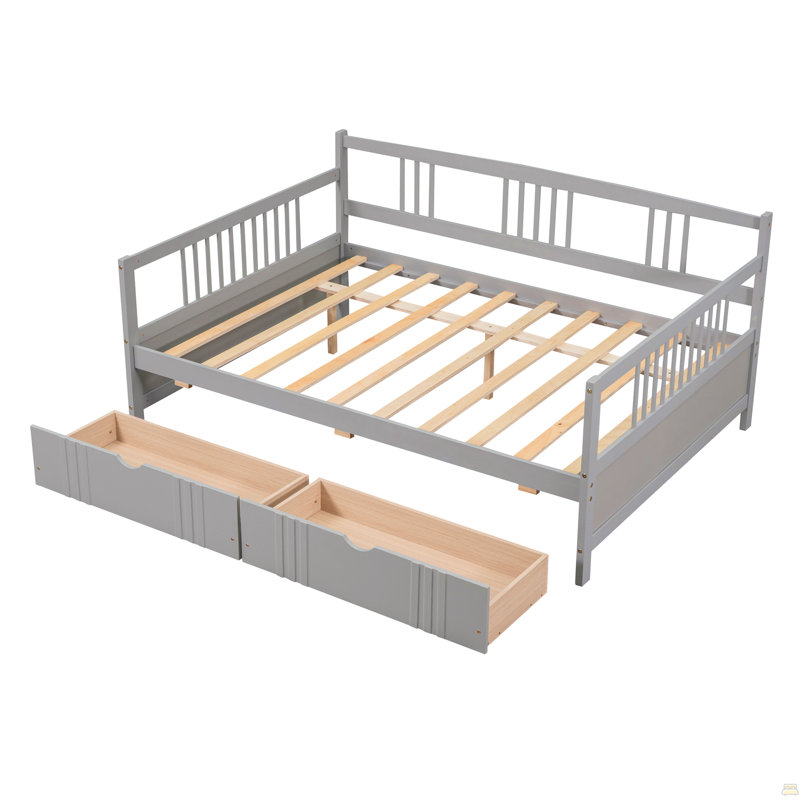 Lit de jour double en bois avec deux tiroirs, Gris, Full