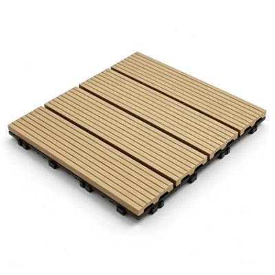 Dalles de terrasse emboîtables en composite bois-plastique (WPC), 30 cm x 30 cm, paquet de 25, aspect bois naturel, étanches et drainantes, idéales pour balcon, jardin ou piscine.