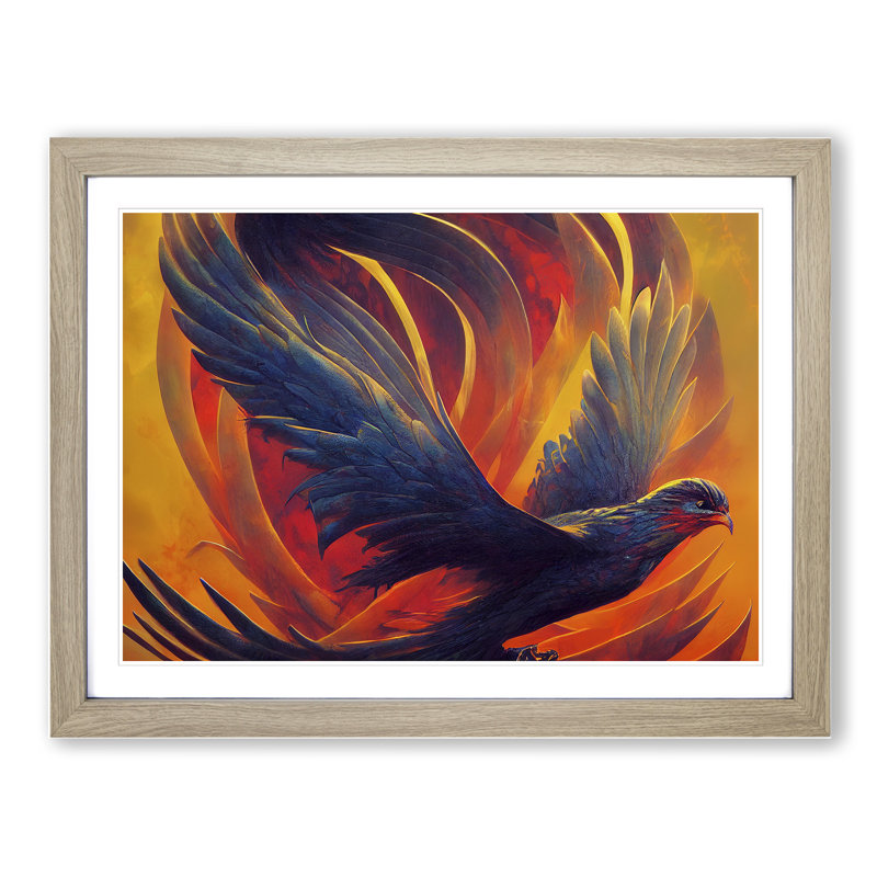 Luminous Phoenix Bird - Single Picture Frame Print, Oak, 46cm H x 64cm W x 2cm D