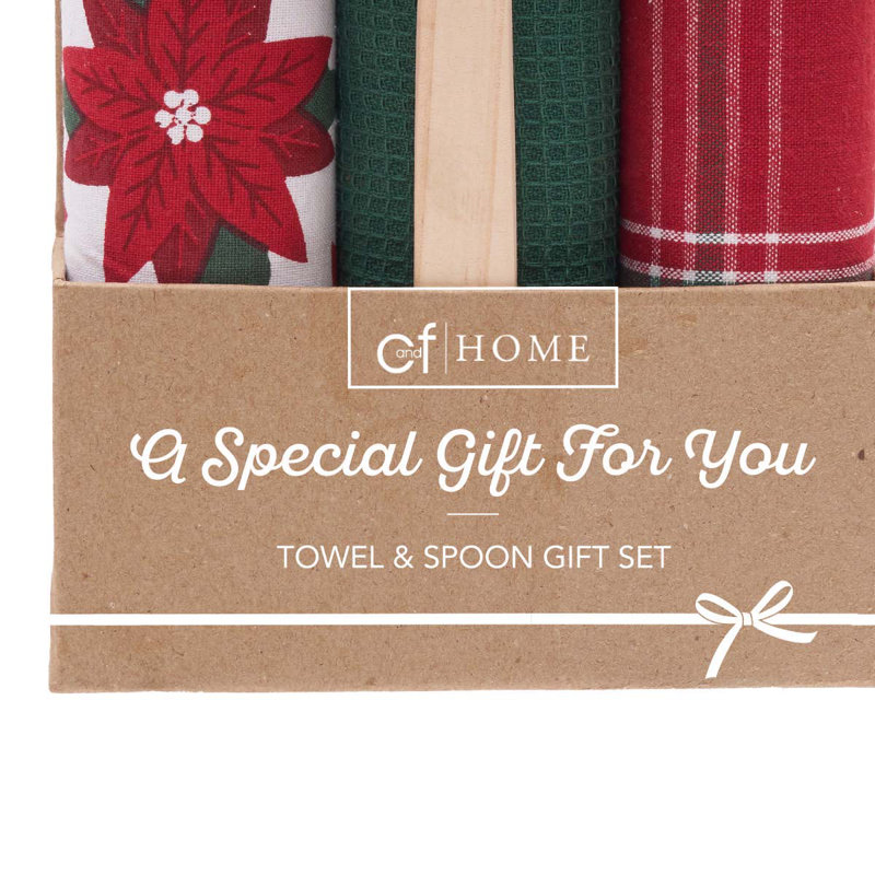 Poinsettia Plaid Towel & Spoon Gift Bundle Set of 4