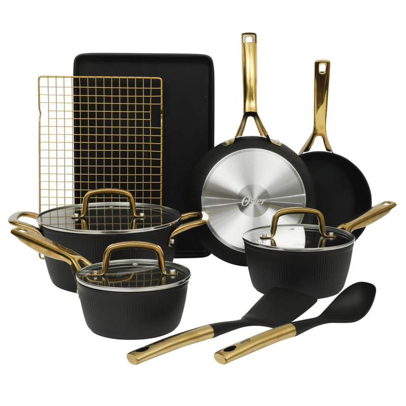 Batterie de cuisine en céramique antiadhésive antiadhésive sans PFA 16 pièces Oster Premium Abborttsford - noir avec or